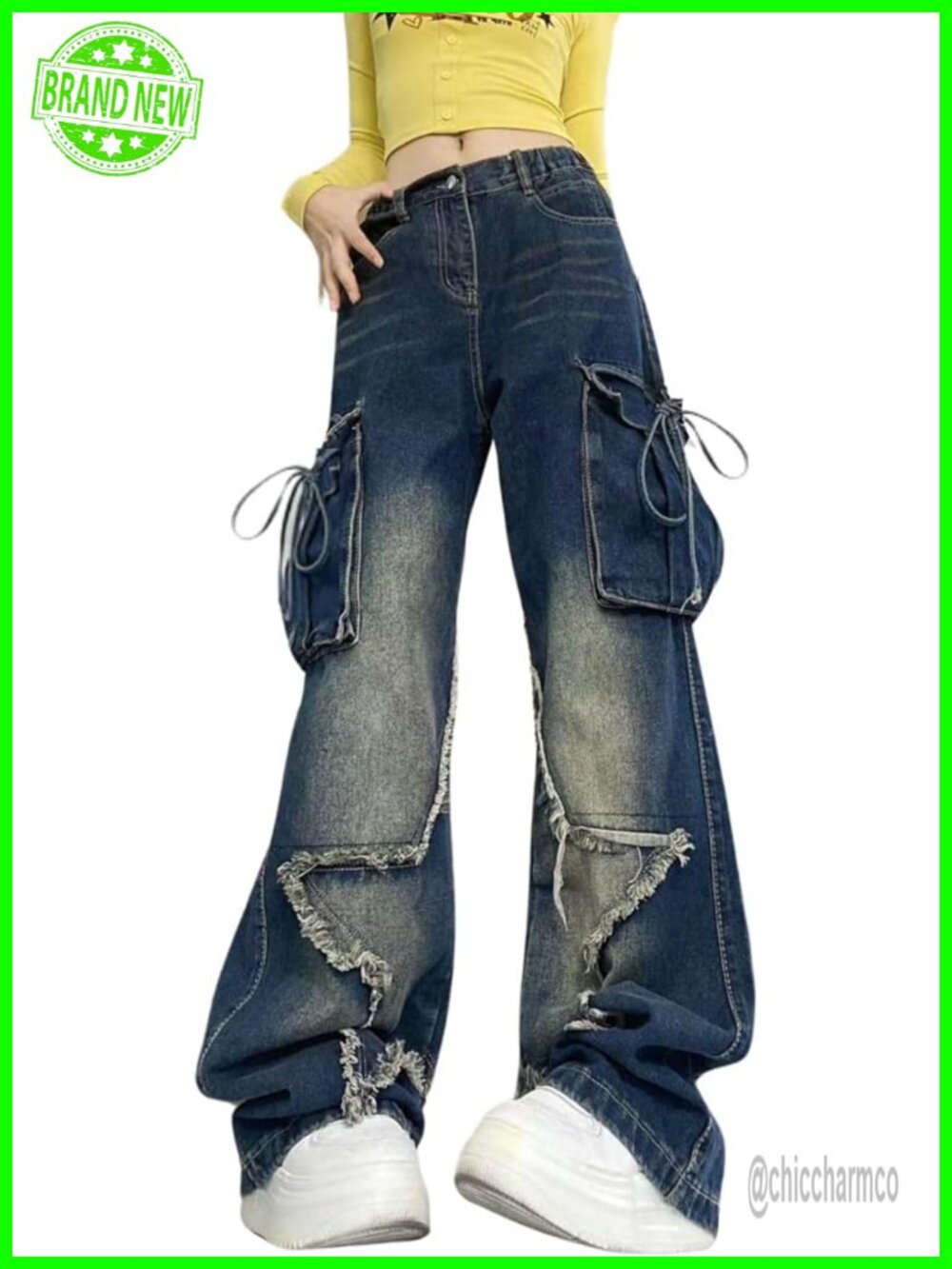 Baggy Y2K Patchwork Denim Jeans High Waisted Cargo Pants Grunge Aesthetic